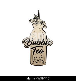 Bubble tea golden sticker with lettering, vector illustration. Delicious summer refreshment, taiwan herbal drink, cocktail drawing with lettering for logo. Fresh beverage with mint leaves and bubbles Stock Vector