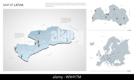 Vector set of Latvia country.  Isometric 3d map, Latvia map, Europe map - with region, state names and city names. Stock Vector