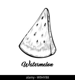 Watermelon slice black and white illustration. Fresh summer food, delicious eating with lettering. Fresh vegetarian dessert, natural delicacy ink pen drawing. Summertime banner design element Stock Vector