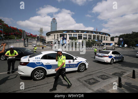 Police close off the roads outside the stadium ahead of the UEFA Super Cup Final between Liverpool and Chelsea at Besiktas Park, Istanbul. Stock Photo