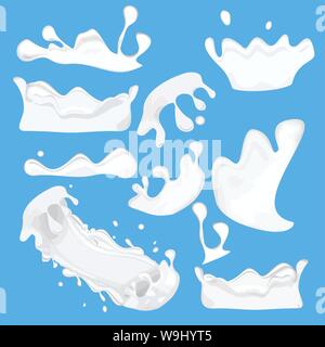 Set of milk splashes, drops and blots on blue backgound, vector illustration Stock Vector