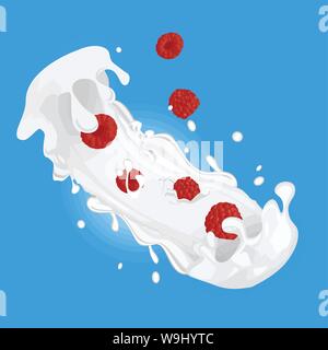 Raspberries in milk splash on blue background, vector illustration Stock Vector