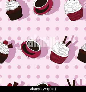 Cupcakes and coffee cup vector seamless pattern on a pink background with dots Stock Vector