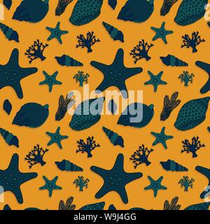 Seashells corals and starfish vector seamless pattern on a mustard color background Stock Vector