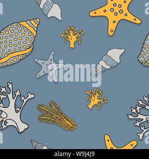 Seashells, corals and starfish illustration vector seamless pattern on a blue background Stock Vector