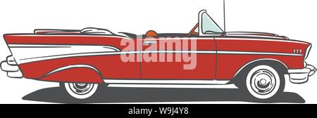 50's convertable red car with tail fins side view Line are with flat color Stock Vector