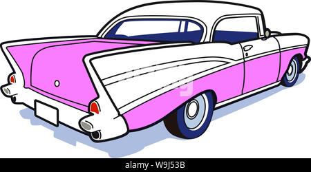 50's car from behind with tail fin loose line art with flat fill color Stock Vector