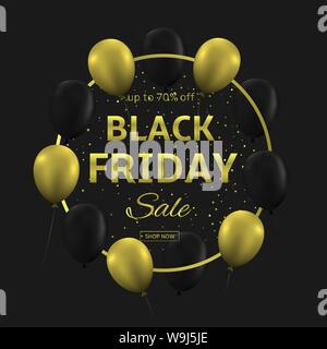 Black Friday. Black Friday sale golden frame, black and golden balloons background Stock Vector