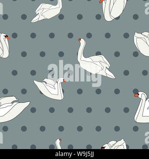 Seamless vector pattern with swans on grey background with darker dots Stock Vector