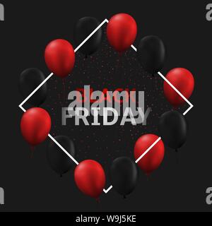 Black Friday. Black Friday sale white frame, black and red balloons background Stock Vector
