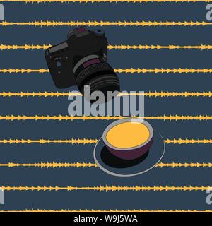 Camera and coffee cup vector illustration with a seamless background with sound waves Stock Vector
