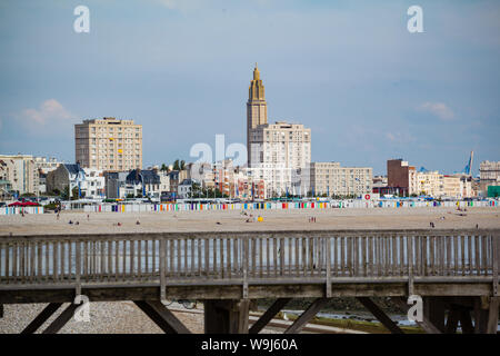 A view over the pier of Le Havre from Sainte Adresse showing St. joseph's Catholic Church Stock Photo