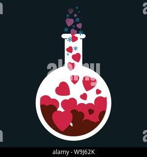 Laboratory bottle with hearts brewing  inside. With heats & sparkles rising from the top of the bottle Stock Vector