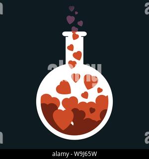 Laboratory bottle with hearts brewing  inside. With heats & sparkles rising from the top of the bottle Stock Vector