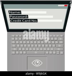 Stealing your information. Laptop top perspective with eye symbol on all the keys & track pad. On the screen are Name, Password & Credit Card Stock Vector