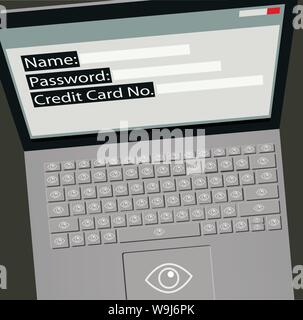Stealing your information. Laptop top perspective with eye symbol on all the keys & track pad. On the screen are Name, Password & Credit Card Stock Vector