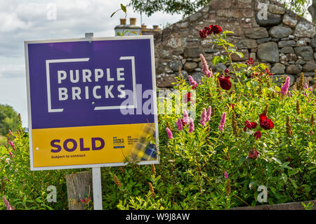 PURPLE BRICKS REAL ESTATE SOLD SIGN AMONGST FLOWERS IN A GARDEN Stock Photo