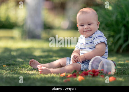 Naughty  boy spread out strawberries on the grass and smiles Stock Photo