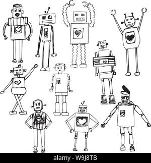 10 hand drawn robots. Vector. Isolated on white. Stock Vector