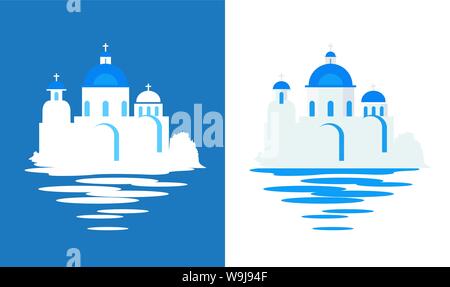 Greek Church with blue domes - Flat vector travel illustration Stock Vector