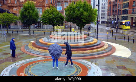 A new Peterloo Memorial has been quietly unveiled in Manchester, uk, after protests by disabled people's groups that is is not accessible. Manchester City Council commissioned the memorial to commemorate the Peterloo massacre of 1819 when cavalry charged a crowd of some 60,000 people gathered on St Peter's Fields in Manchester to demand the reform of parliamentary representation. Eighteen people were killed and hundreds injured. Manchester City Council has promised to explore how to make the memorial accessible. The memorial was designed by artist Jeremy Deller. Stock Photo