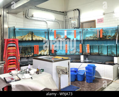 Live seafood in water tanks inside  a seafood restaurant, Hong Kong Stock Photo
