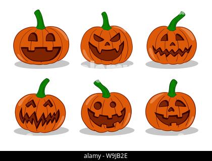 Pumpkin emoticon set. Vector illustration collection. Halloween pumpkin with various face expression. Stock Vector
