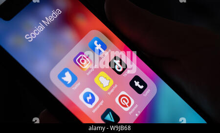 Mannheim - Baden Württemberg / Germany  07.21.2019: Close Up of Smartphone Display with Social Media Application Icons Stock Photo