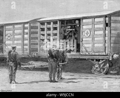 [ 1890s Japan - Japanese Red Cross Train ] —   A Japanese Red Cross train leaves Tokyo for the front during the First Sino-Japanese War (1894–1895). The organization was founded in 1877 (Meiji 10).  Published in the French illustrated weekly Le Monde illustré in1894 (Meiji 27).   Original text: 'Le service des ambulances quittant Tokio pour se rendre sur le théatre de la guerre.'  19th century vintage newspaper illustration. Stock Photo