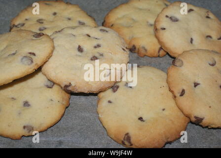 A selection of freshly baked chocolate chip cookies on a sheet of baking paper. Stock Photo