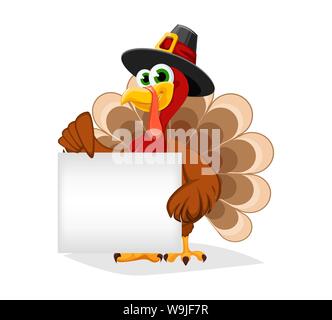 Thanksgiving Day. Funny cartoon character turkey bird in pilgrim hat holds blank placard. Vector illustration Stock Vector