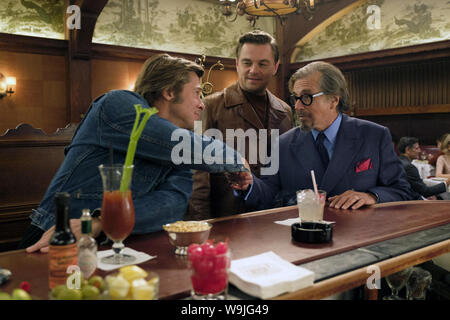 Once Upon a Time in Hollywood is a 2019 comedy-drama crime film written and directed by Quentin Tarantino. The film stars Leonardo DiCaprio, Brad Pitt, Margot Robbie, Emile Hirsch, Margaret Qualley, Timothy Olyphant, Austin Butler, Dakota Fanning, Bruce Dern, and Al Pacino   This photograph is supplied for editorial use only and is the copyright of the film company and/or the designated photographer assigned by the film or production company. Stock Photo