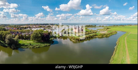 Castle called Muiderslot with the marina, Muiden,   Noord-Holland, , Netherlands, 30071275 *** Local Caption *** castle, water, trees, summer, aerial Stock Photo