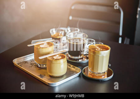 Many hot coffee in coffee shop. Stock Photo