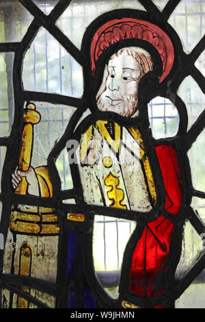 16th Century Stained Glass of St Rhychwyn, Llanrhychwyn, nr Trefriw, Conwy Valley, Wales Stock Photo