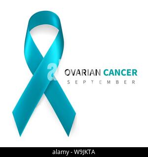 Ovarian Cancer Awareness Month. Realistic Teal ribbon symbol. Medical Design. Vector illustration. Stock Vector