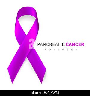 Pancreatic Cancer Awareness Month. Realistic Purple ribbon symbol. Medical Design. Vector illustration. Stock Vector