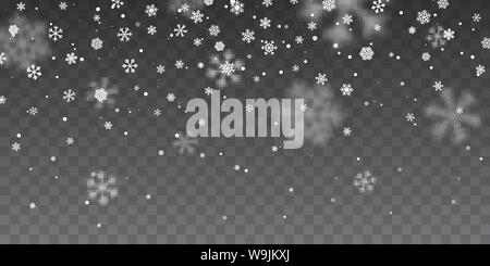 Christmas snow. Heavy snowfall. Falling snowflakes on transparent background. White snowflakes flying in the air. Vector illustration. Stock Vector