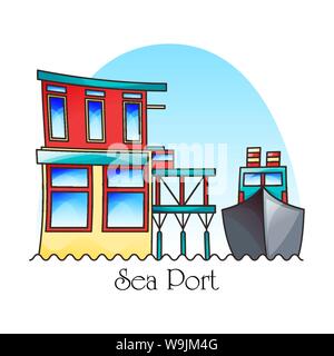 Ship at harbor or seaport exterior view. Transport Stock Vector