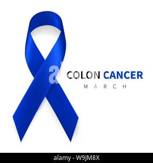 Colorectal, Colon Cancer Awareness Month. Realistic Dark Blue ribbon symbol. Medical Design. Vector illustration. Stock Vector