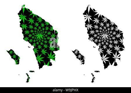 North Sumatra (Subdivisions of Indonesia, Provinces of Indonesia) map is designed cannabis leaf green and black, Sumatera Utara map made of marijuana Stock Vector