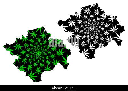 South Sumatra (Subdivisions of Indonesia, Provinces of Indonesia) map is designed cannabis leaf green and black, Sumatera Selatan map made of marijuan Stock Vector