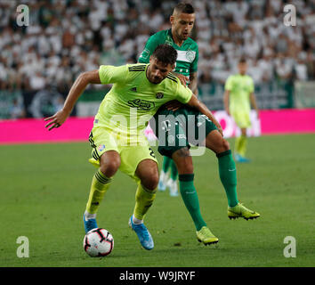 BUDAPEST, HUNGARY - AUGUST 13: (l-r) Tokmac Chol Nguen of Ferencvarosi TC  wins the ball from Arijan Ademi of GNK Dinamo Zagreb during the UEFA  Champions League Third Qualifying Round match between