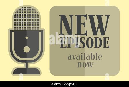 new podcast episode available now, podcasting concept vector illustration on yellow background Stock Vector