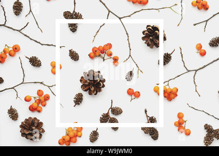 Autumn composition. Pattern made of berry rowan, white frame, cones on pastel gray background. Autumn, fall, thanksgiving day concept. Creative Flat l Stock Photo