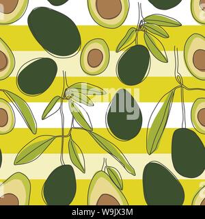 Artistic Vector Colorful Avocado Seamless Pattern on Striped Background Stock Vector