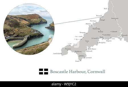 Map of Cornwall, featuring photographic image of Boscastle Harbour, and key towns of Cornwall marked on map. Stock Photo