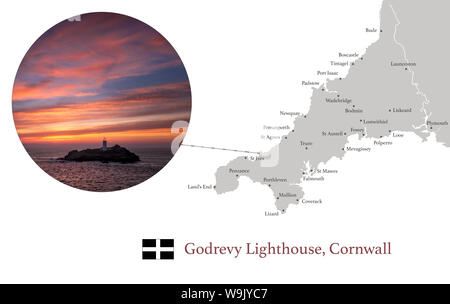 Map of Cornwall, featuring photographic image of Godrevy Lighthouse, and key towns of Cornwall marked on map. Stock Photo