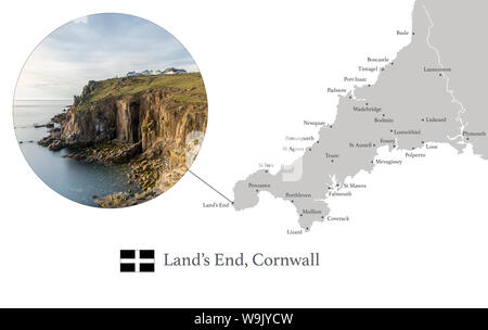 Map of Cornwall, featuring photographic image of Lands End, and key towns of Cornwall marked on map. Stock Photo