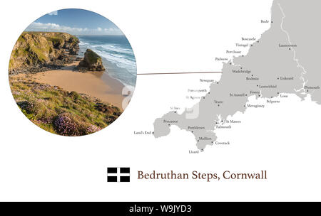 Map of Cornwall, featuring photographic image of Bedruthan Steps, and key towns of Cornwall marked on map. Stock Photo